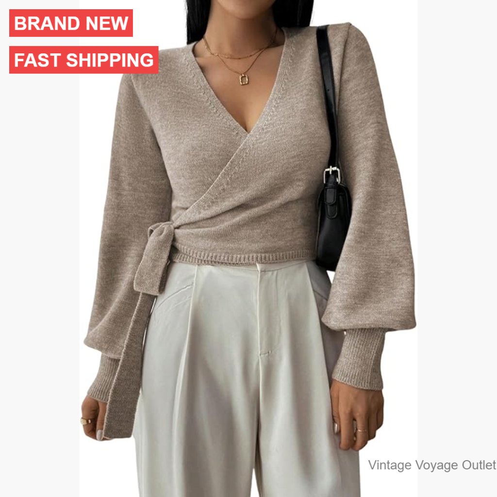 Long Sleeve V Neck Wrap Belted Sweater Crop Top Knit Pullover